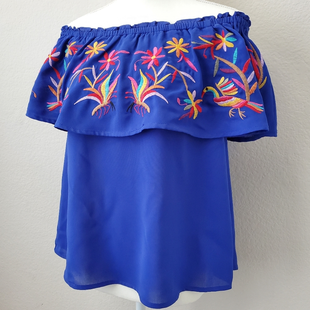 Entro Royal Blue Off Shoulder Embroidered Floral Bird Top Boho S